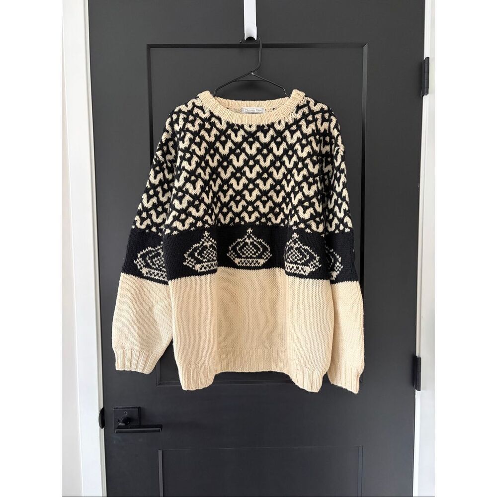 Vintage Christian Dior 100% Wool Hand Knit Men’s Sweater Crown Black Cream Large
